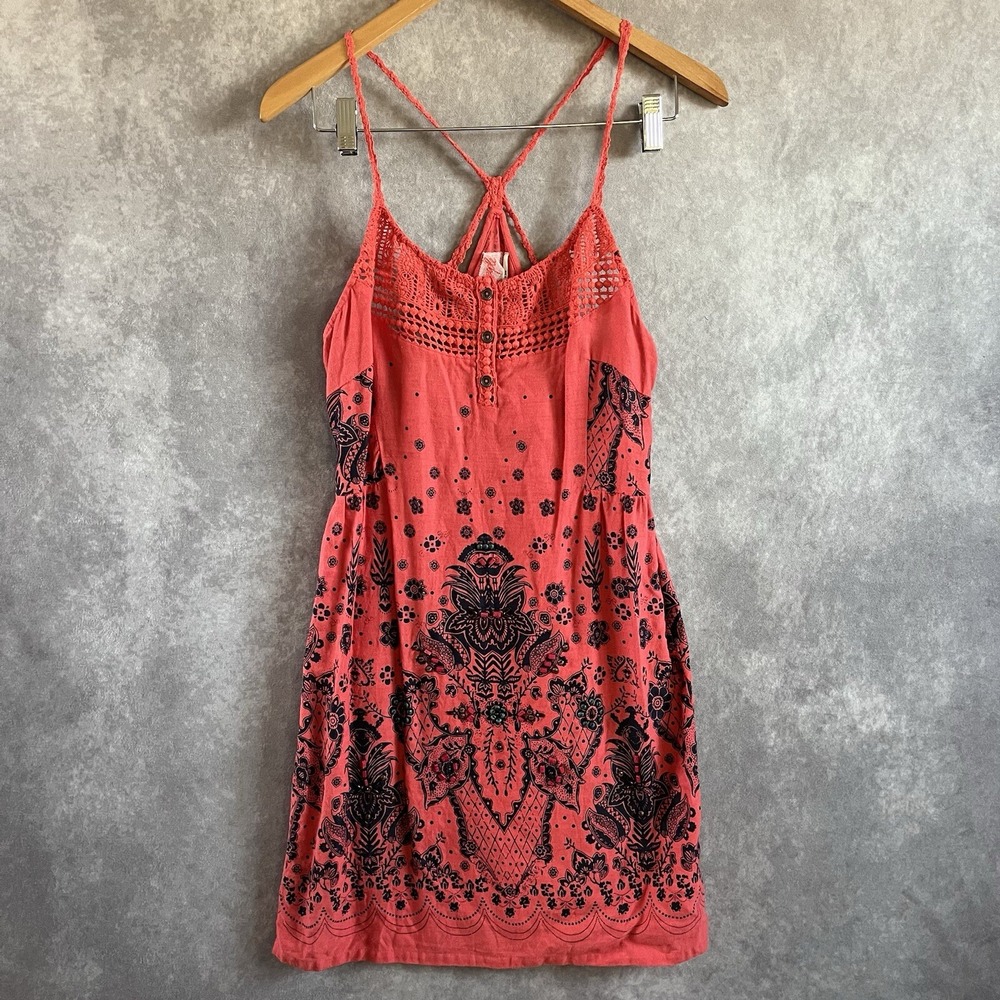 Free People Mini Dress Womens 6 Coral Boho Beaded Crochet Linen Blend Strappy